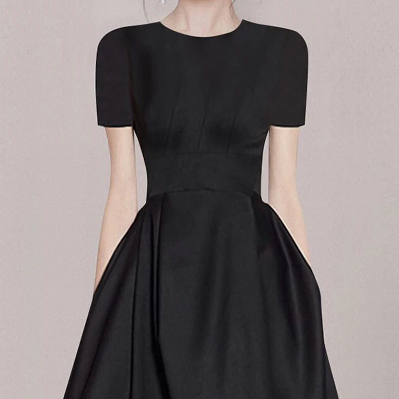High Quality Fashion Summer Black Ball Gown Dress 2023 Elegant Women O Neck Short Sleeve Slim Waist Ladies Office Midi Vestidos