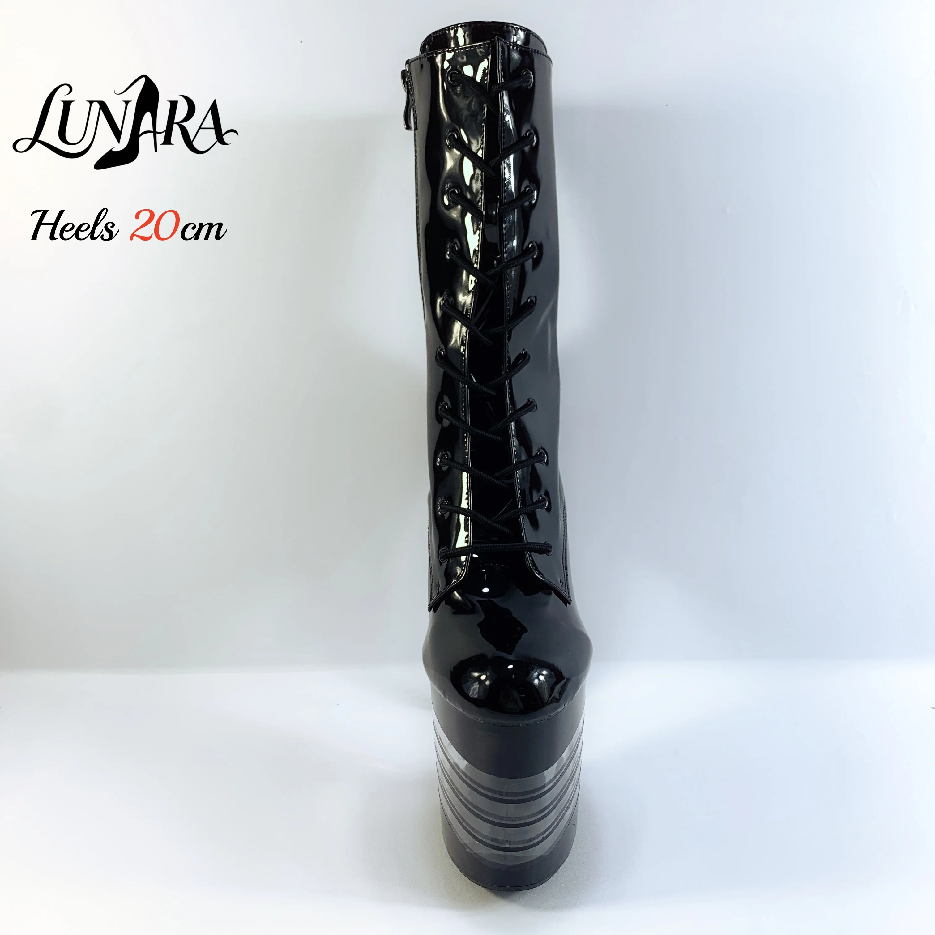 20cm/8Inch Black Patent leather Lace-up Zipper Closed toe Clear striped platform High Stilettos Ankle boot Pole dance Rave Party