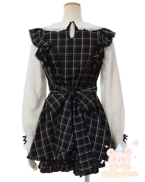 Doll Collar Bow Bandage Rhinestone Plaid Long Sleeve Shirt Mine Mass-Produced Dress and Base Shorts Lolita Two Piece Suit