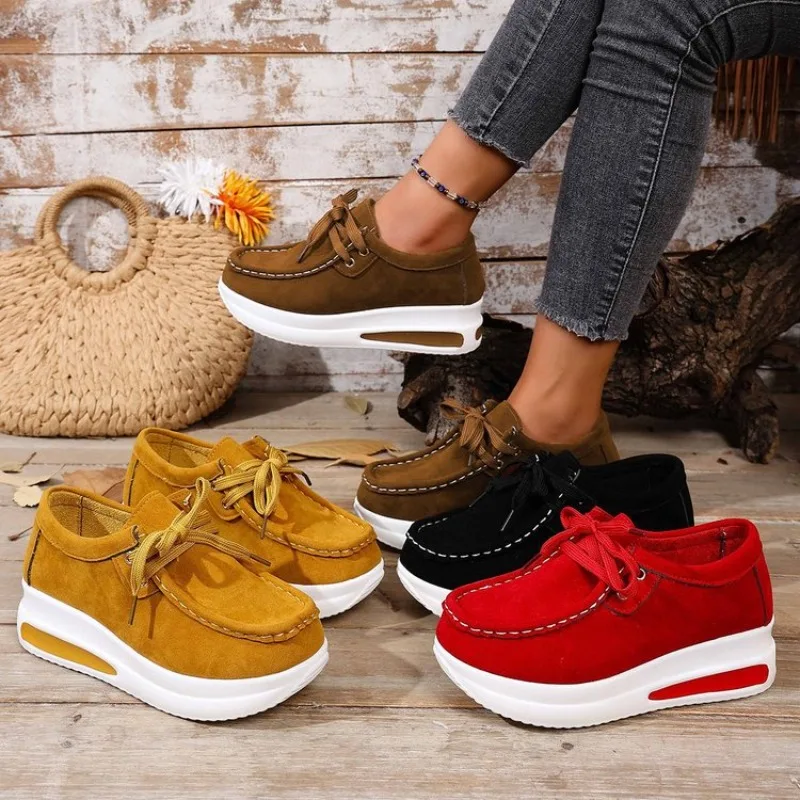

Womens Platform Shoes Fashion Casual Sneakers Lace Up Thick Soled Single Shoes Women Loafers Suede Vulcanize Shoes Zapatos Mujer