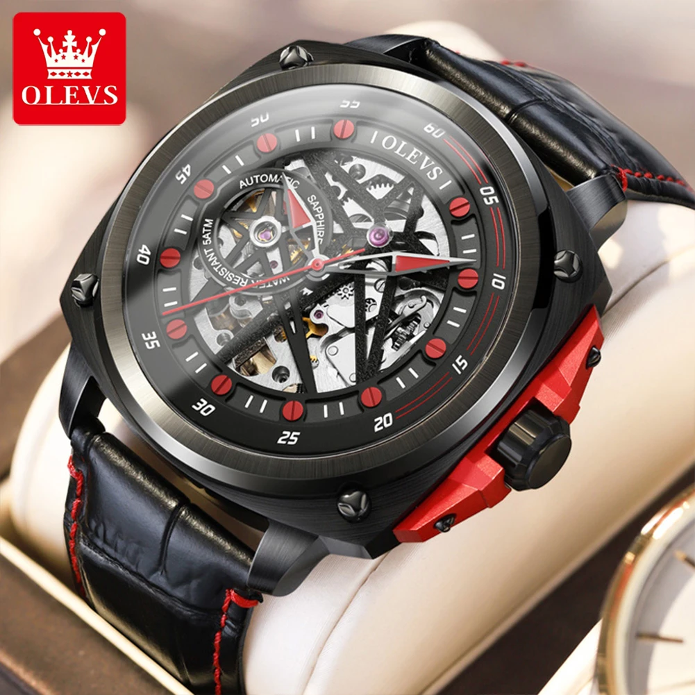 OLEVS Men\'s Watches Double Star Skeleton Original Automatic Mechanical Monvement 50m Waterproof Leather Strap Lunminous Ruby