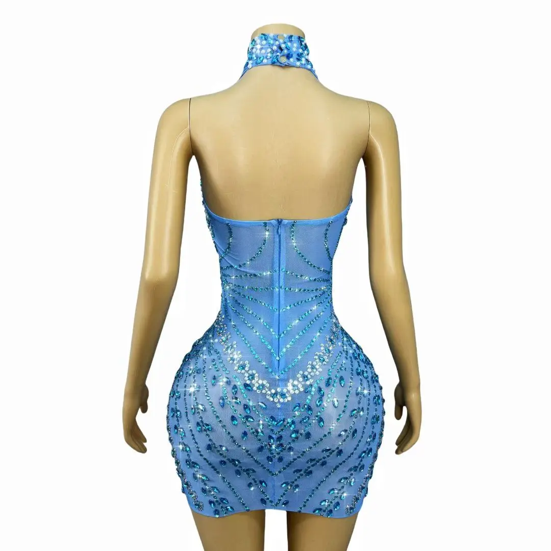 Frauen Luxus Blau Strass Perlen Drucken Mesh Halter-Backless Bodycon Mini Kleid Hohe Elastische Promi Abend Club Party