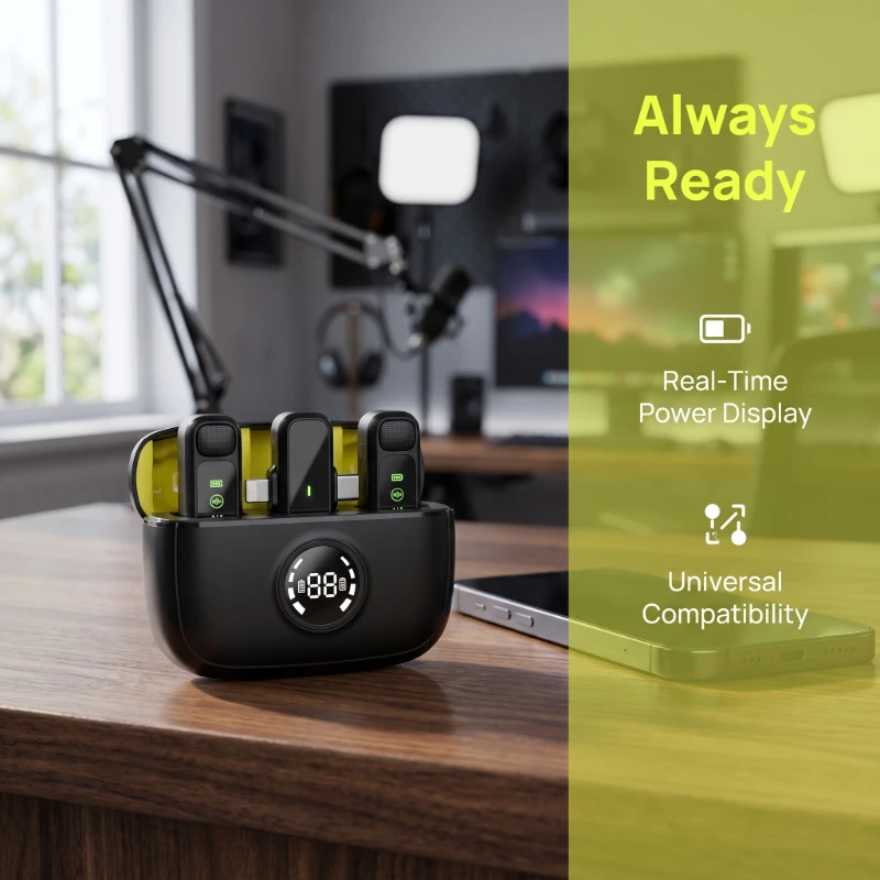 Wireless lavalier microphone with battery level indicator; wireless microphone with noise-canceling functionality, suitable for use with various smartphones and tablets, as well as for video recording, vlogging, and interviews