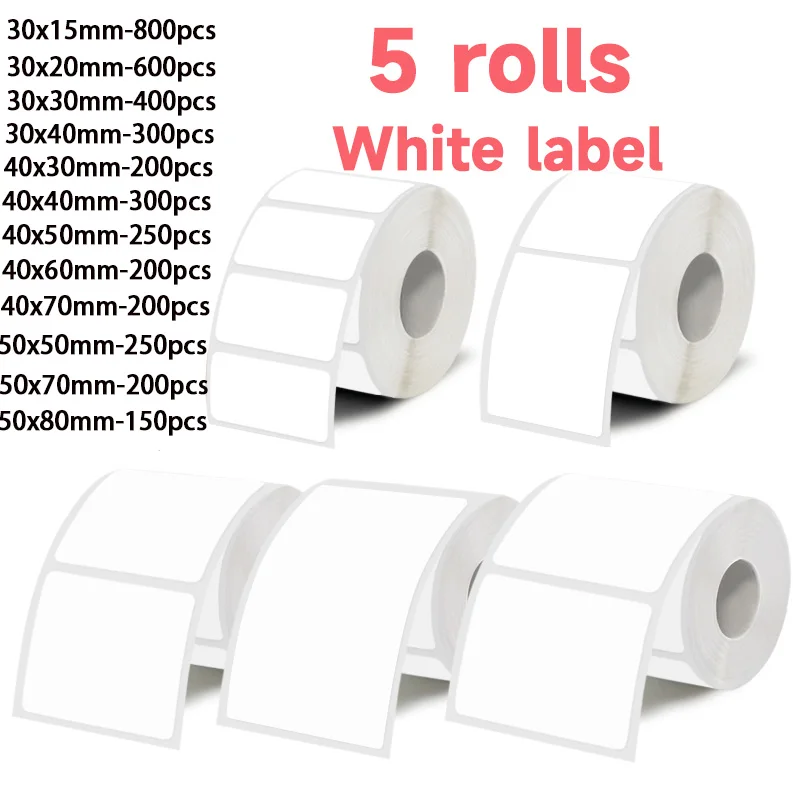 5 Rolls of White Label Stickers, 30Mm/40Mm/50Mm Wide, Compatible with M110/M221/M220/M120/M200/Etc Portable Handheld Thermal Label Printers, for Office, Business, and Home Labels, Versatile in Use