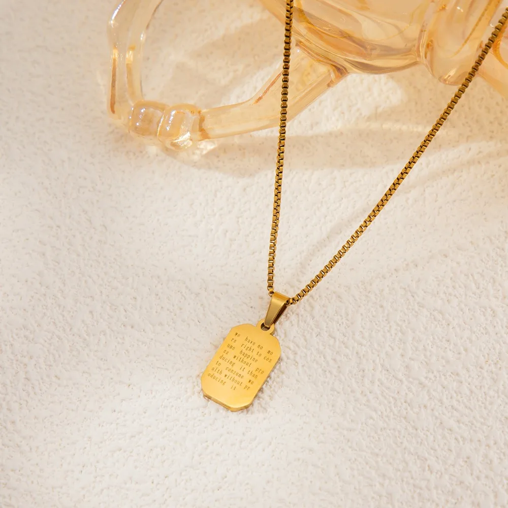 Minimalist Black Enamel Engraved Tag Pendant Gold Color Stainless Steel Box Chain Necklace for Women Inspirational Quote Jewelry