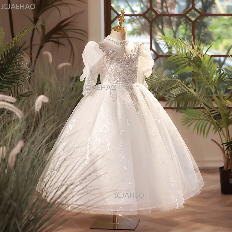 White Children Girls Long Sleeve Elegant New Flower Year Host Performance Formal Gown Girl Wedding Puffy Princess Dress Kids