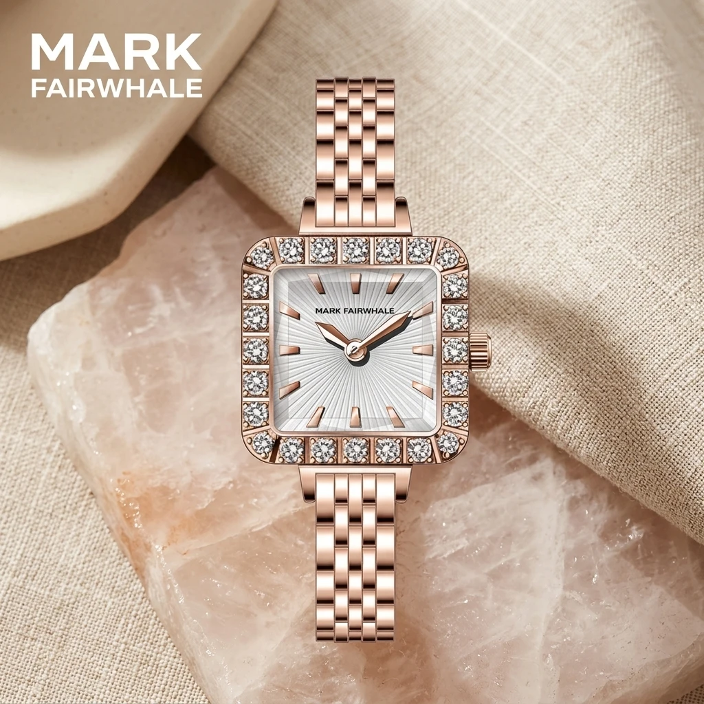 Mark Fairwhale Ladies Wrist Watch Quartz Movement Square Sunray Dial Full Rhinestone Bezel Rose Gold Metal Bracelet For Women