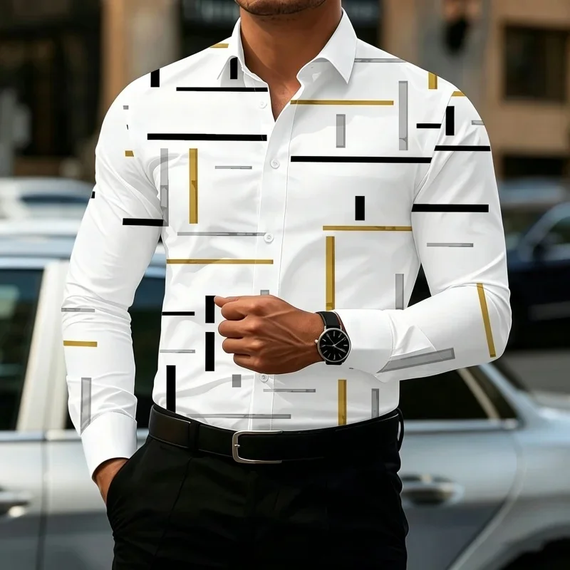New Men's Shirt Design Sense Line Shirt Abstract Geometric Printed Shirt Versatile Trendy Men's Comfortable Fabric XS-6XL