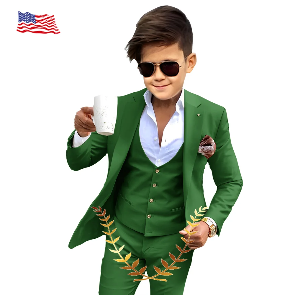 

Green Boys Suit 3 Piece Slim Fit Jacket Vest Pants Wedding Party Boys Outfit 2-16 Years Children's Blazer
