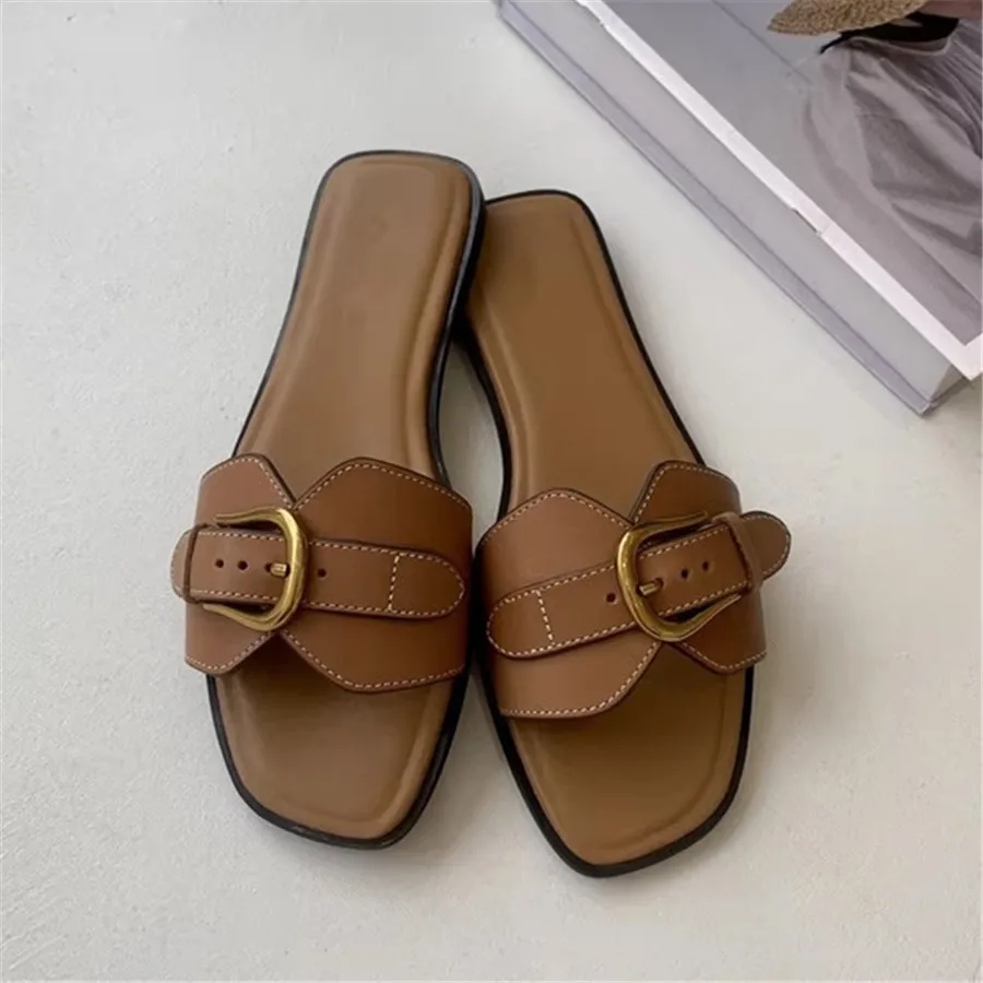 Slippers for Woman 2024 Summer Beach Flats Ladies Buckle Slides Gladiator Sandals Luxury Leather Mules Zapatos Mujer