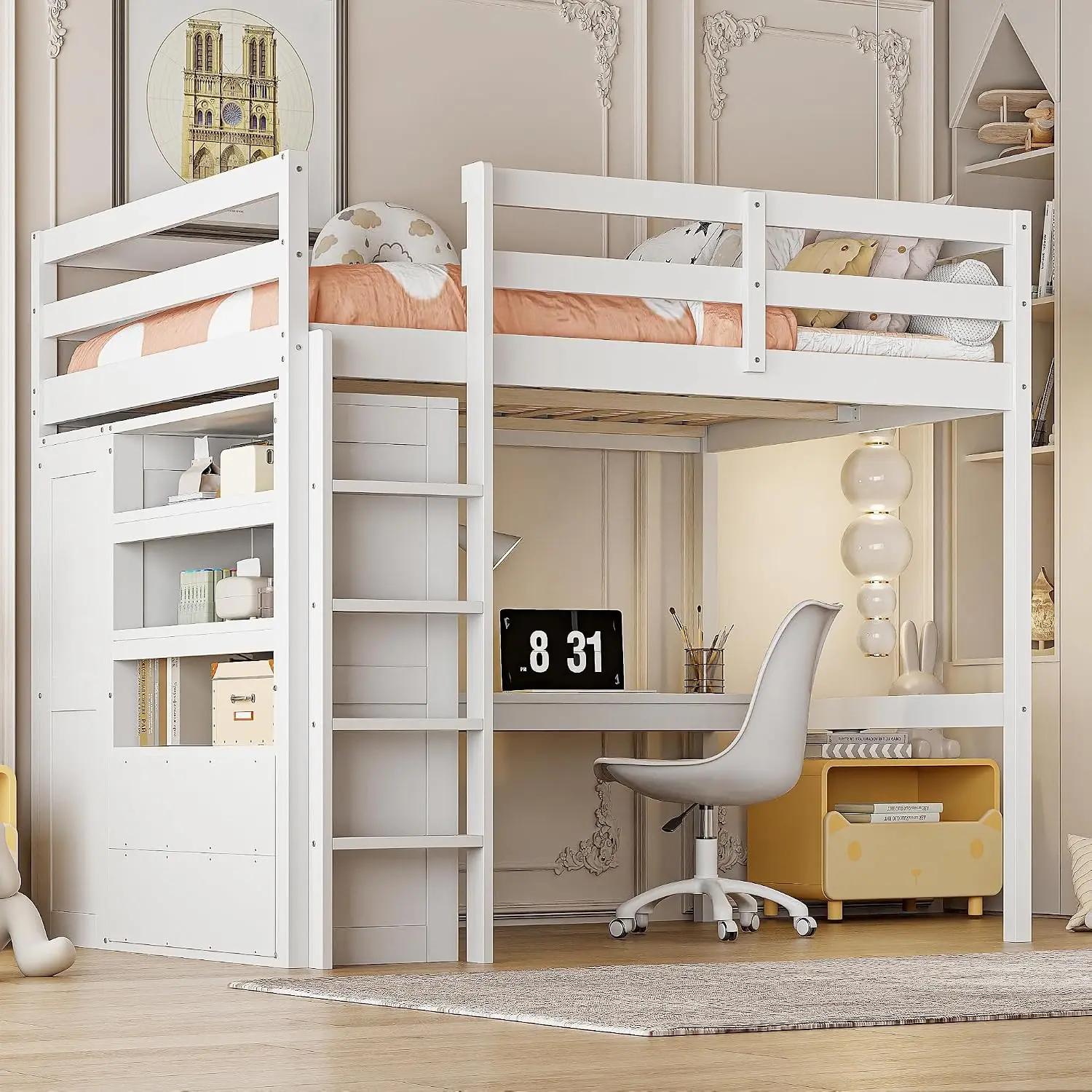 Full Size Wood Loft Bed with Desk Storage Wardrobe White, Customized