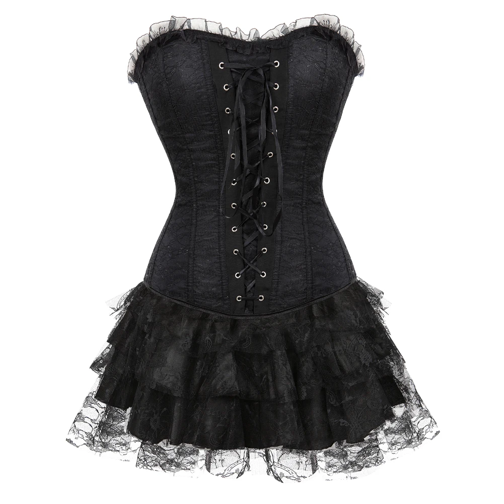 Women\'s Sexy Vintage Corset Dress Burlesque Lace Floral Bustier with Mini Pleated Tutu Skirt Set Victorian Clubwear CostumeS-6XL