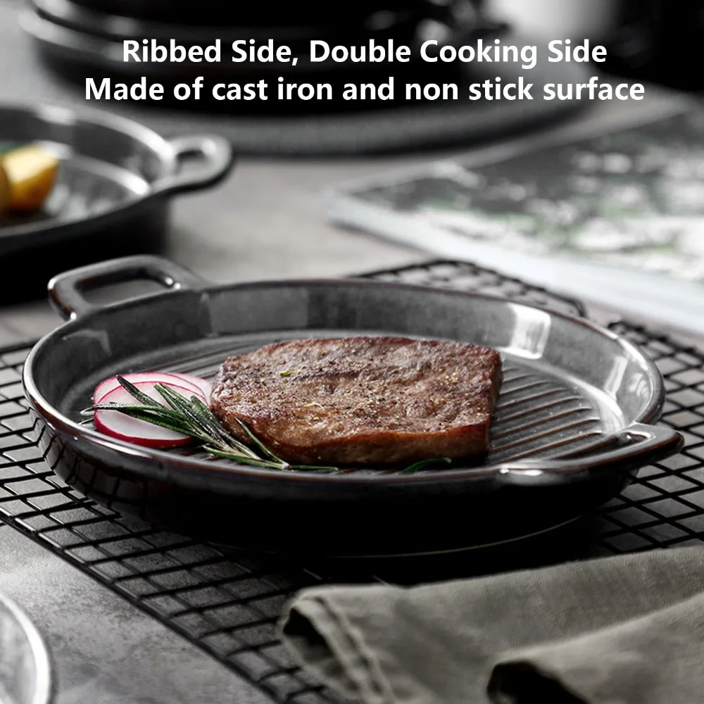 Durable Cast Iron Grill Pan Ribbed Surface Round Flat Bottom Stovetop Griddle Dual Side Handle Barbecue Pan Barbecue Steak