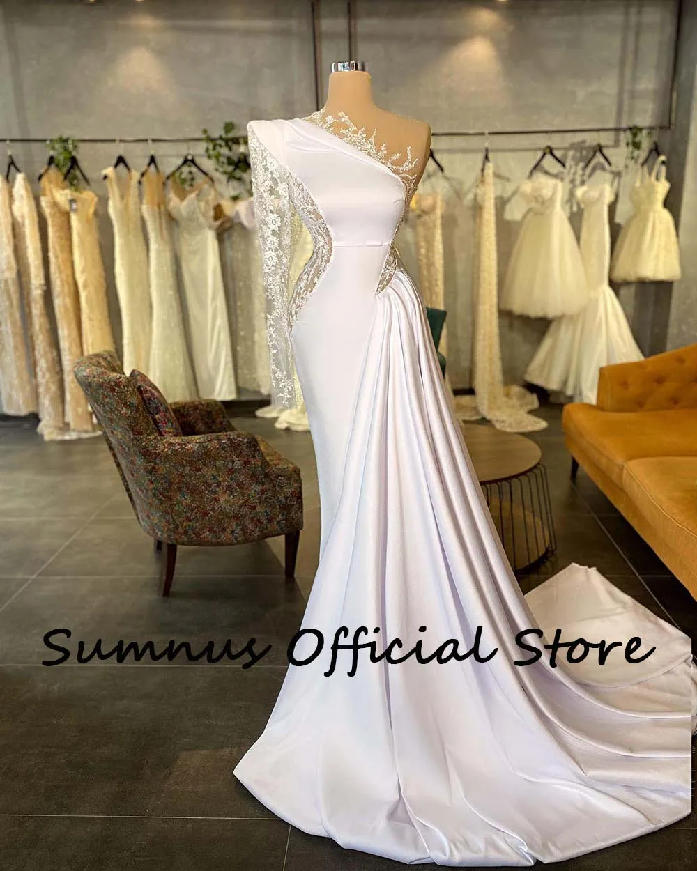 Sumnus lindo branco cetim vestidos de casamento um ombro rendas apliques luxo dubai sereia vestido de noiva com trem drapeado 2023