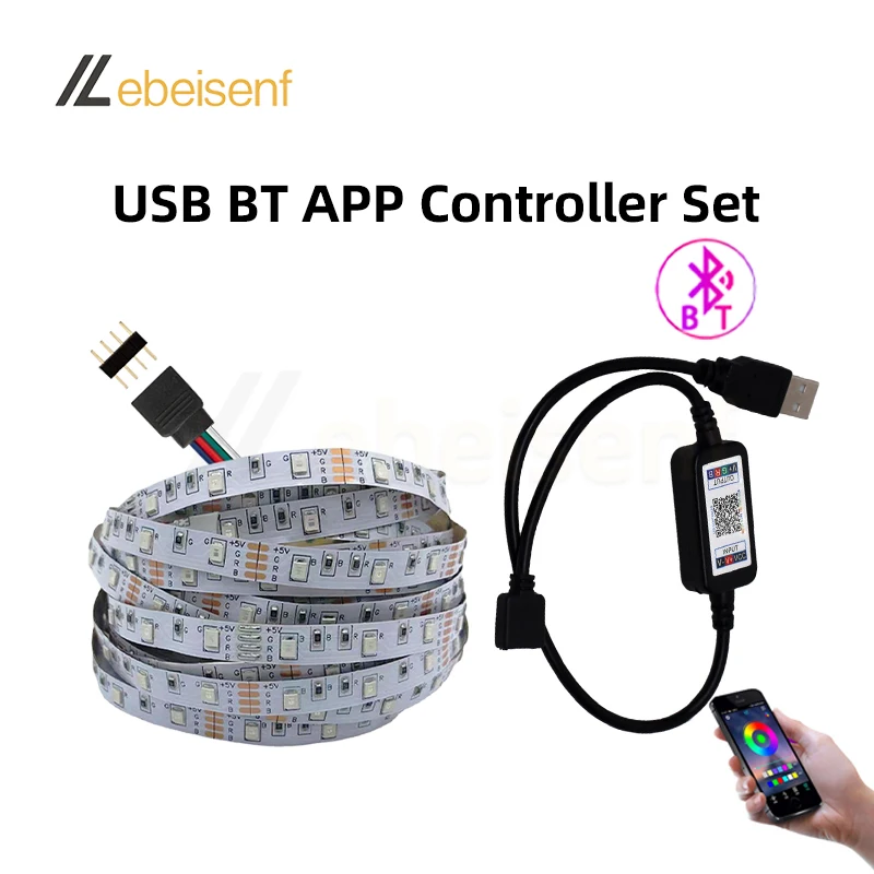 1 Kit 5V RGB LED Flexible Strip Light SMD2835 60 LEDs/m and IR or RF Wireless Remote or Bluetooth Dimmer PWM Controller USB Plug