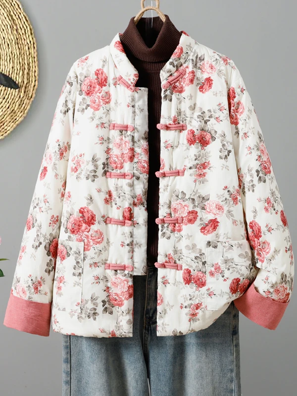 Frauen Thiened Warm Lose Große Größe Baumwolle Jaet Herbst Winter Neue Sle Retro Druck Lange Sve Stehkragen Einzigen taste