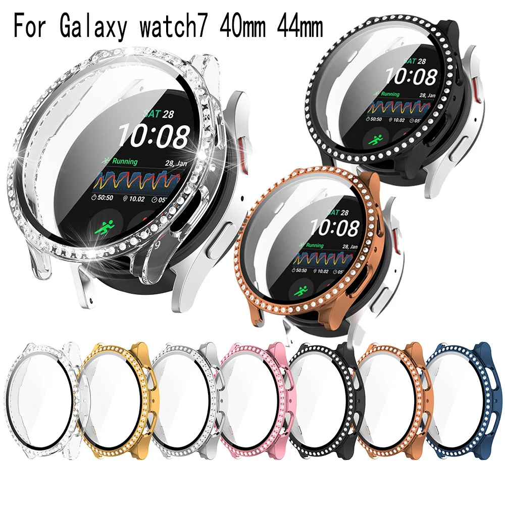 جراب واقي كامل من الألماس اللامع لساعة سامسونج جالاكسي For Samsung Galaxy Watch 7 40mm 44mm 40 ، غطاء واقي للشاشة 44 ، غطاء صلب وغطاء زجاجي