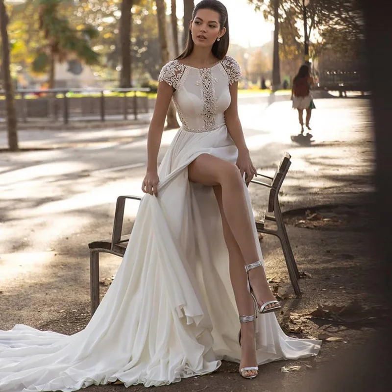 Aviana-Vestido De Novia clásico De gasa con corte en A para mujer, Vestido De Novia con abertura alta, mangas casquillo, patrón Floral