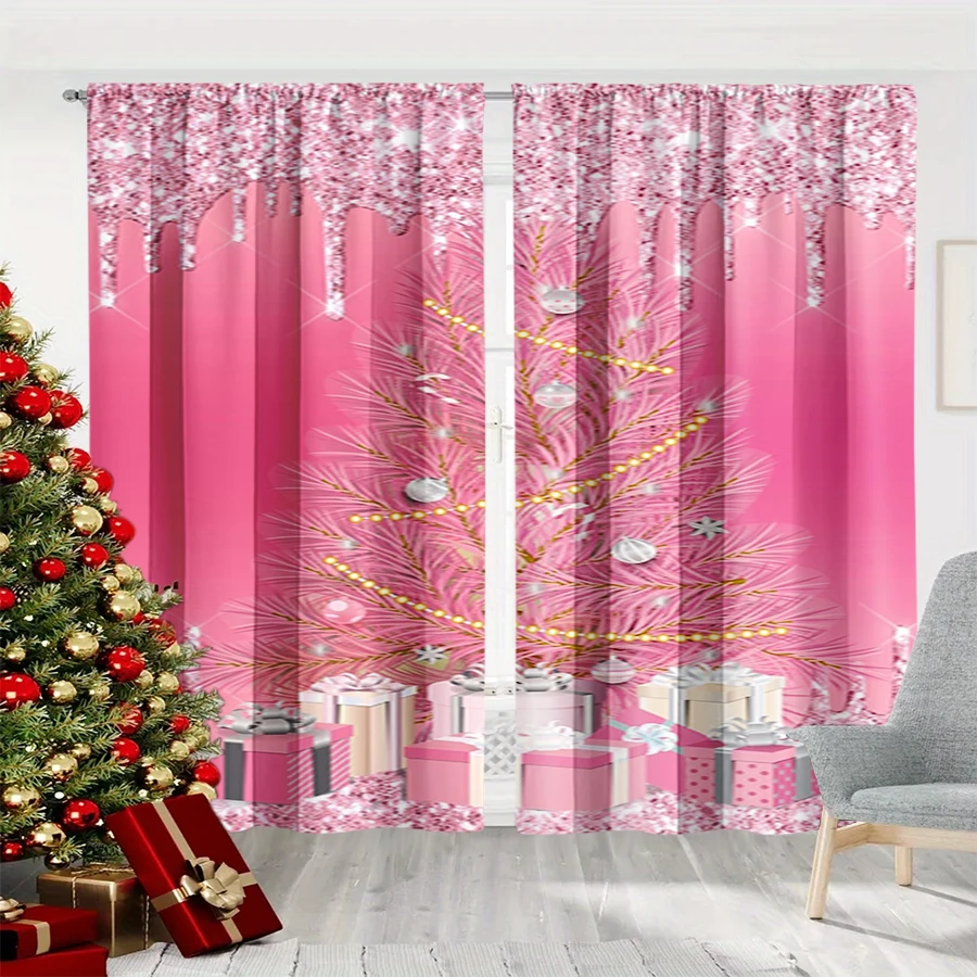 2PCS Digital Print Curtain, Pink Glitter Christmas Tree with Gifts and Icicle Effect, Dreamy Sparkly Holiday, for Bedroom Decor