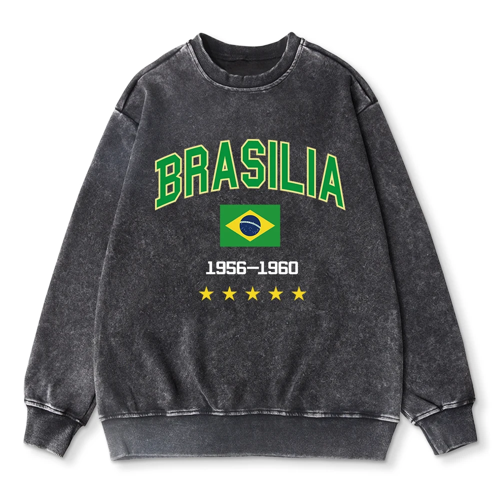 Oversize Womens Acid Wash Hoodie Brasilia Flag Of Brazil Prints Sweatshirts Fashion Warm Cotton Pullovers Couple Washed Clothes