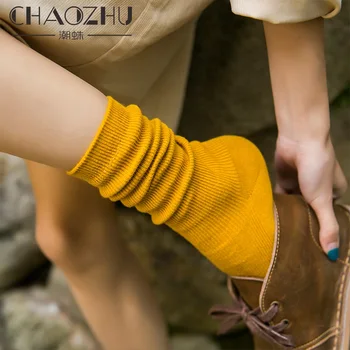 CHAOZHU Japanese Korean High School Girls High Socks Loose Solid Colors Double Needles…