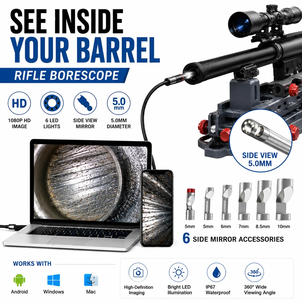 

TESLONG NTG100 5mm Diameter Rifle Endoscope Camera Visual Barrel Inspection Digital Hunting Cleaning Scope for Above 20 Caliber