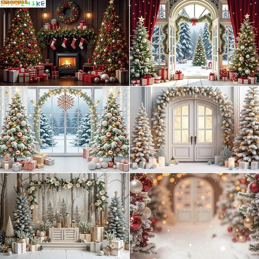 

Luxury Big Christmas Tree Photography Backdrop Snow Winter White Red Curtains Background 2025 Xmas Studio Photocall Prop