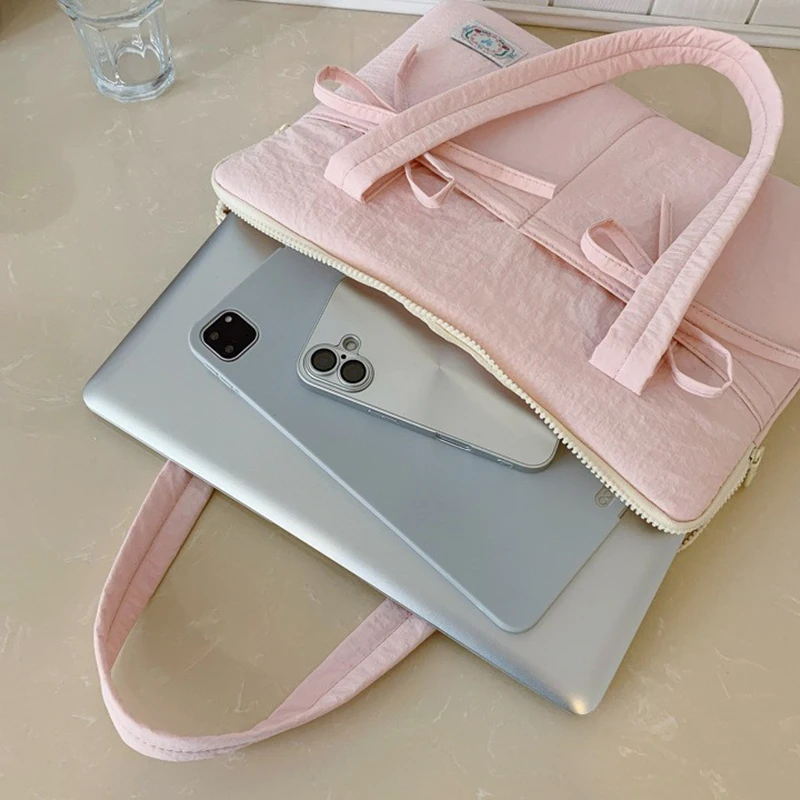 Mulheres coreanas 14in à prova de choque bolsa para portátil cor sólida arco macio zíper macbook caso casual moda simples bolsas quadradas