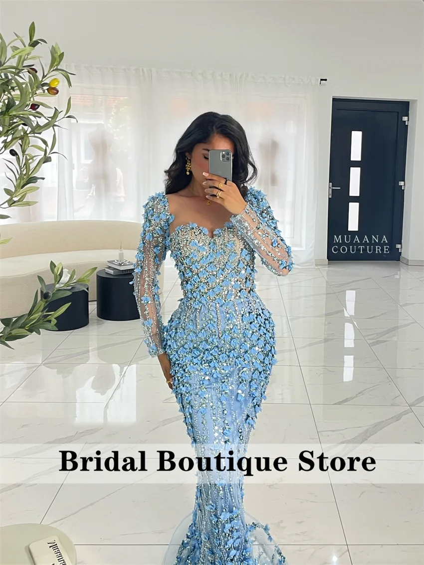 

Luxury Blue Saudi Arabic Evening Dresses 2025 Long Sleeves Beading Crystals Birthday Prom Party Dress Vestidos Customized