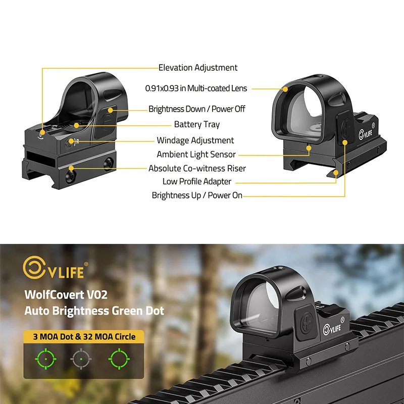 CVLIFE Green Dot Sight 3 MOA Dot & 32 MOA Circle Motion Awake Reflex Optic for Full-Size Pistols with Adapter for MOS/Picatinny