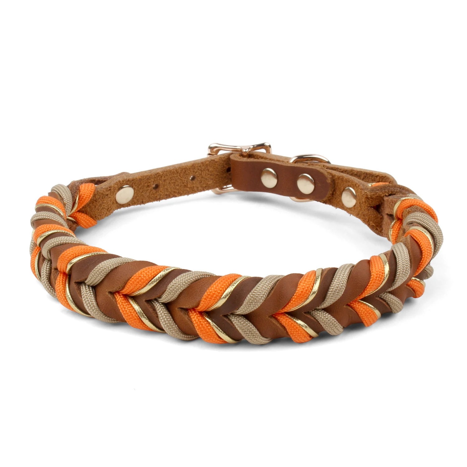 Braunes Leder-Hundehalsband und Leinen, Anzug, gewebte Muster, wunderschönes, langlebiges Nylon, orange Farben, Seil, freihändiges Design, 2026, neu – Detail 17