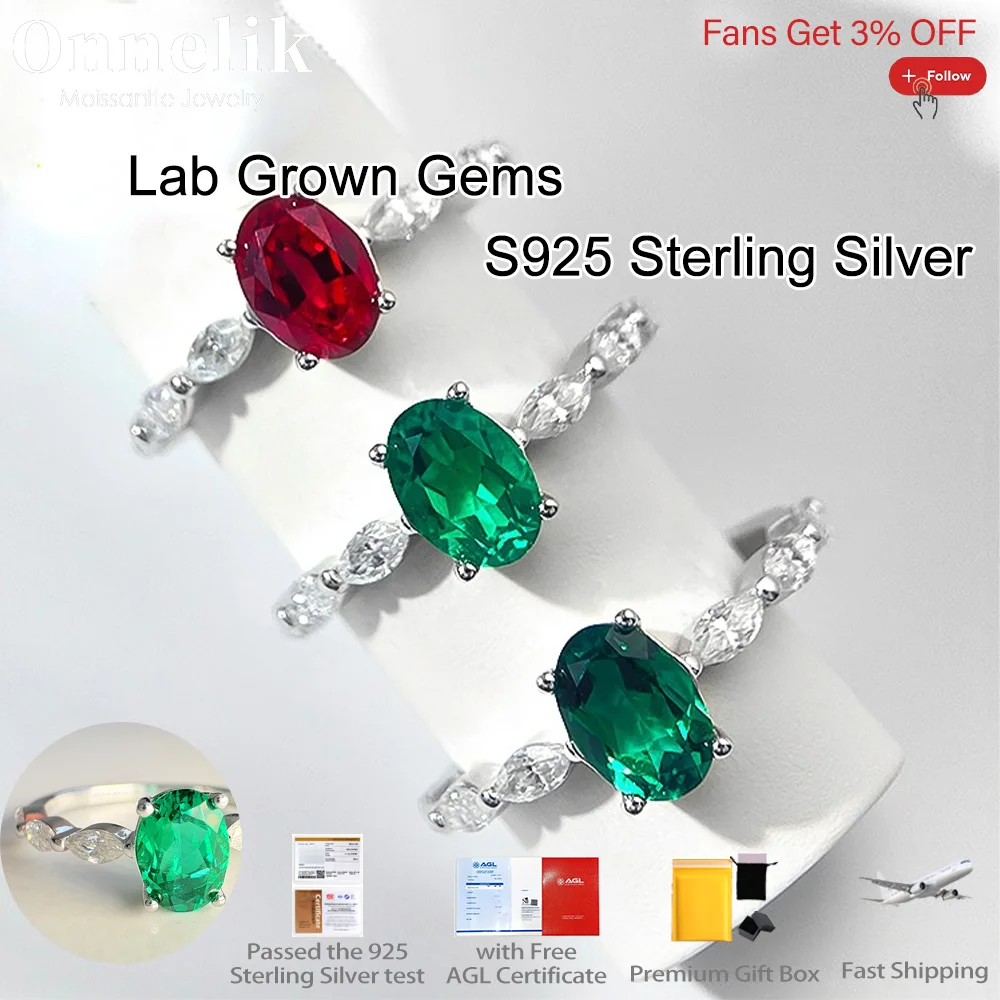 

Onnelik 1CT Real Lab Grown Colombia/Zambia Emerald/Ruby Ring Inlaid Moissanite 925 Sterling Silver for Women Party Fine Jewelry