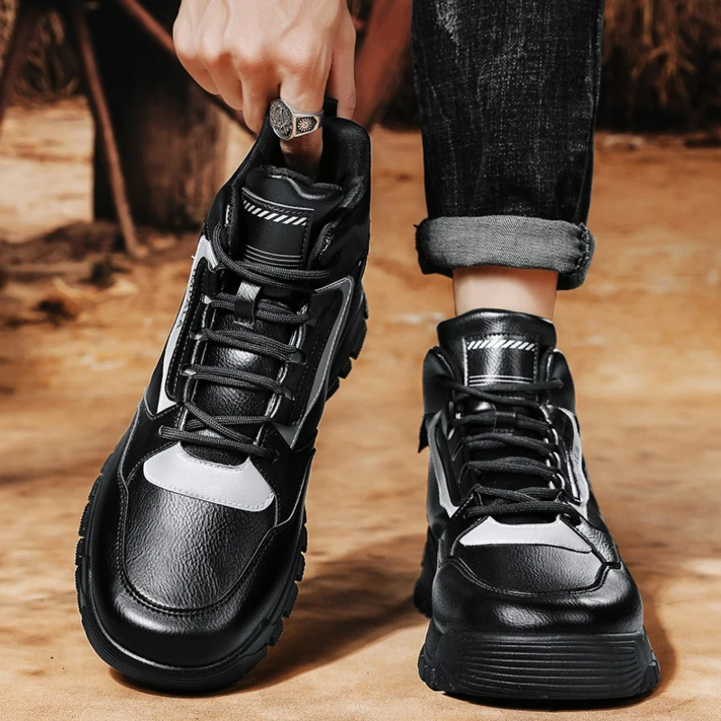 Mens High Top Sneakers Fashion Leather Casual Shoes Lace Up Ankle Boots Plush Warm Winter Shoes for Men Non Slip Hiking Footwear