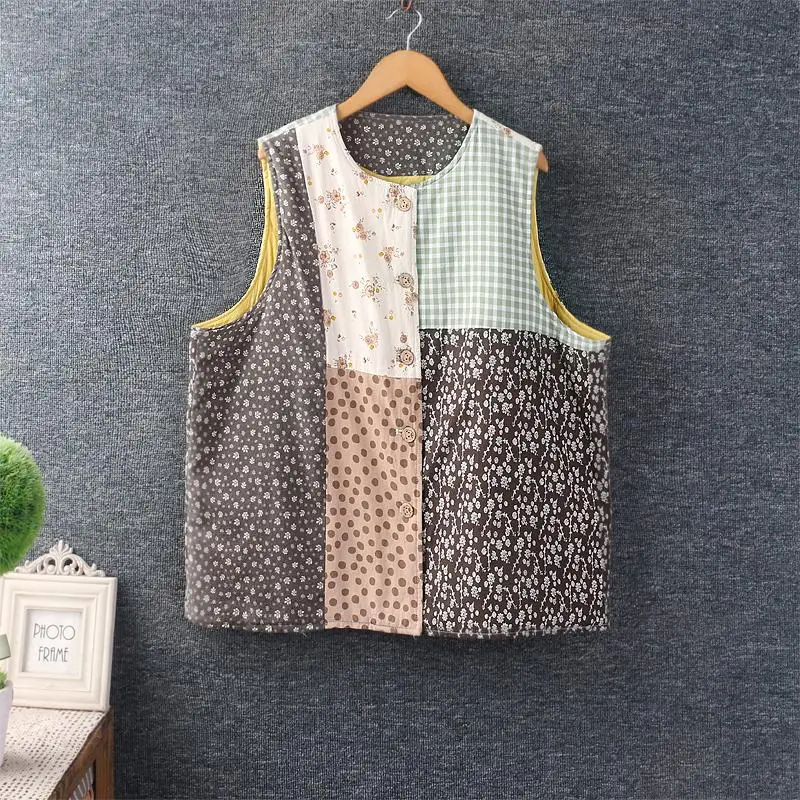 

Floral Autumn Winter Plaid round Ne Thin Cotton Layered Wear Cotton Filled Vest Versatile Matchable Countryside Sle