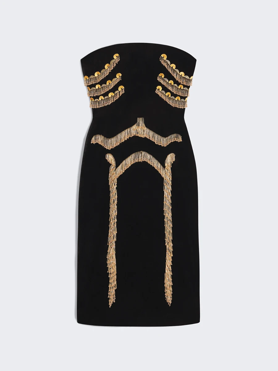 VGH Chic Spliced Tassel Stapless Dress for Women Sleeveless High Waist Patchwork Sequined Luxurious Runway Style Dresses Female