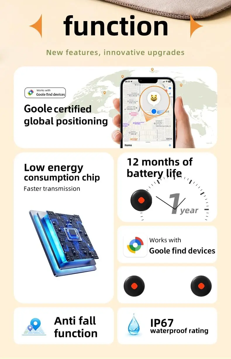 Bluetooth Tracker for Android-IP68 Waterproof- Works with Google Find My（Android Only ）Item Finder for Pet, Key, Car, Motorcy