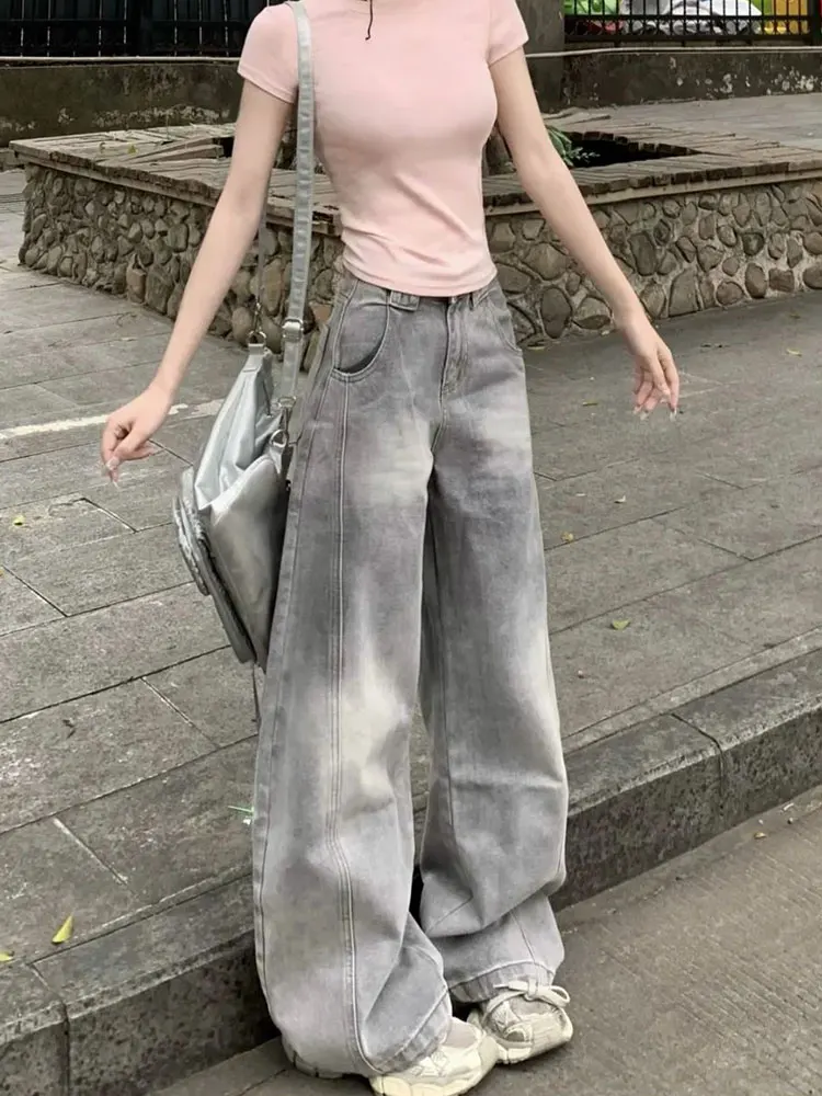 Jeans leggeri con coltello a gamba larga Pantaloni da donna a vita alta con taglio dritto fino al pavimento American Sle Winter Nuovo design