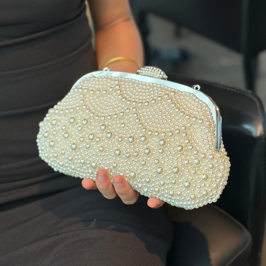 

Luxury handmade wedding evening bag chain shoulder bag Full Beaded clutch bag Ladies Artificial Pearls Handbag for Wedding Party