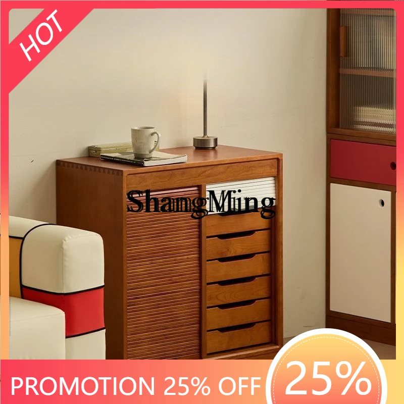 

SM Multifunctional Vintage Mobile File Cabinet Cherry Wood Roller Shutter Door Storage Cabinet Vintage Living Room Storage