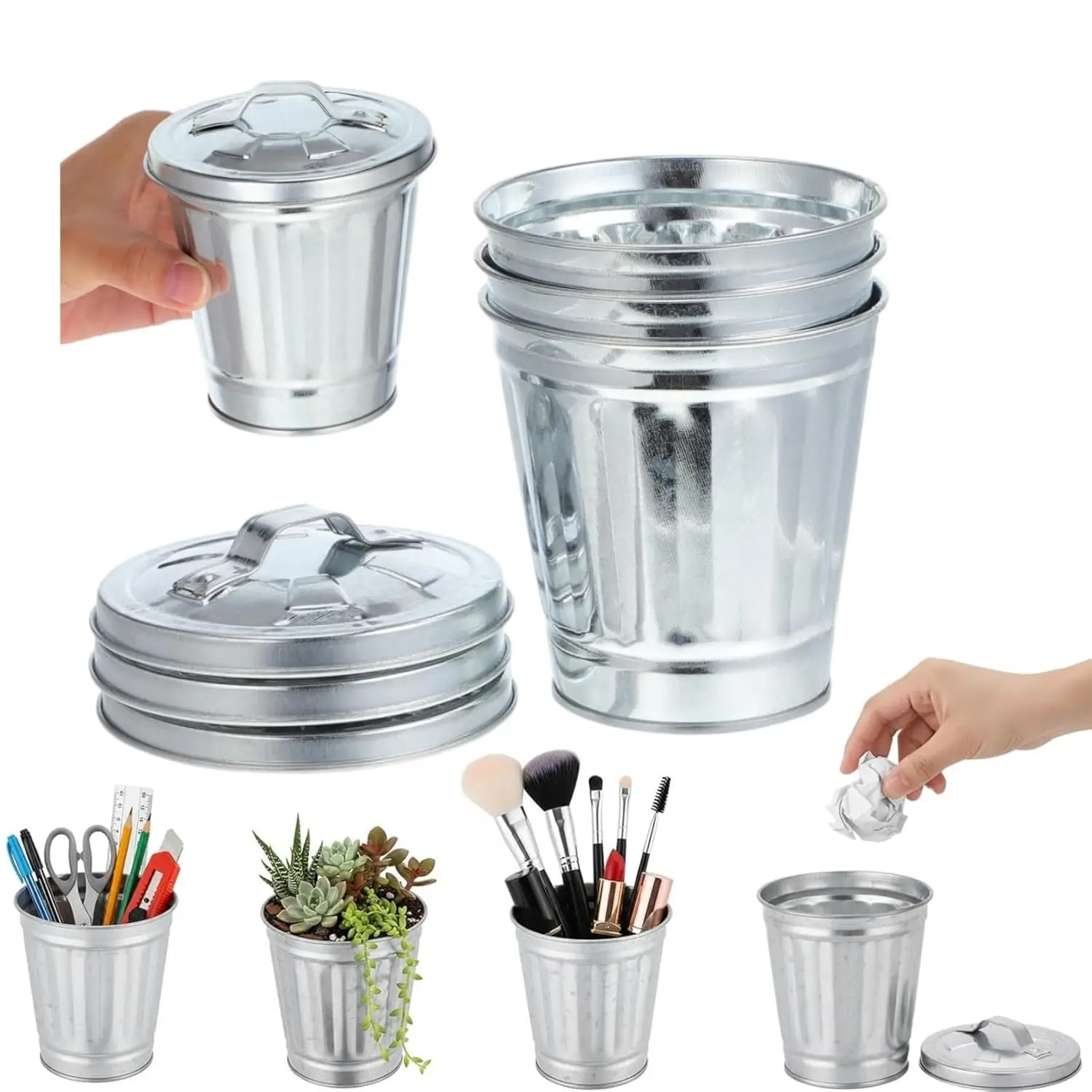 

12Pcs Mini Desk Trash Can with Lid, Galvanized Steel Organizer for Pen Holder, Ashtray, Flower Pot