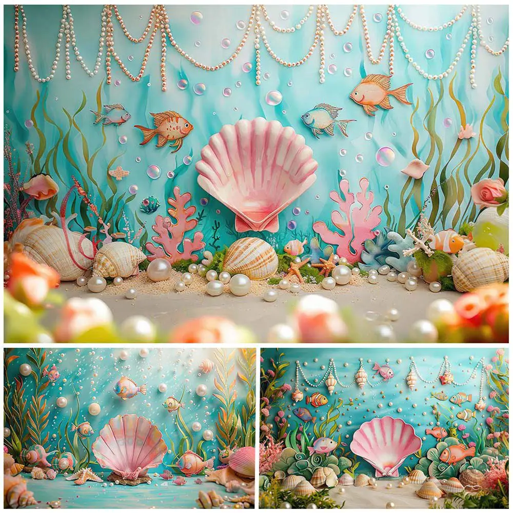 

Mocsicka Photography Backdrops Under The Sea Mermaid Shell Pearl Girl Birthday Cake Smash Party Decor Newborn Backdrop Photocall