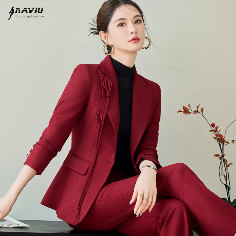 

NAVIU Fashion Women's 2 Piece Pant Suit Set Formal Office High End Blazer And Trouser Work Wear in Red Pink Purple