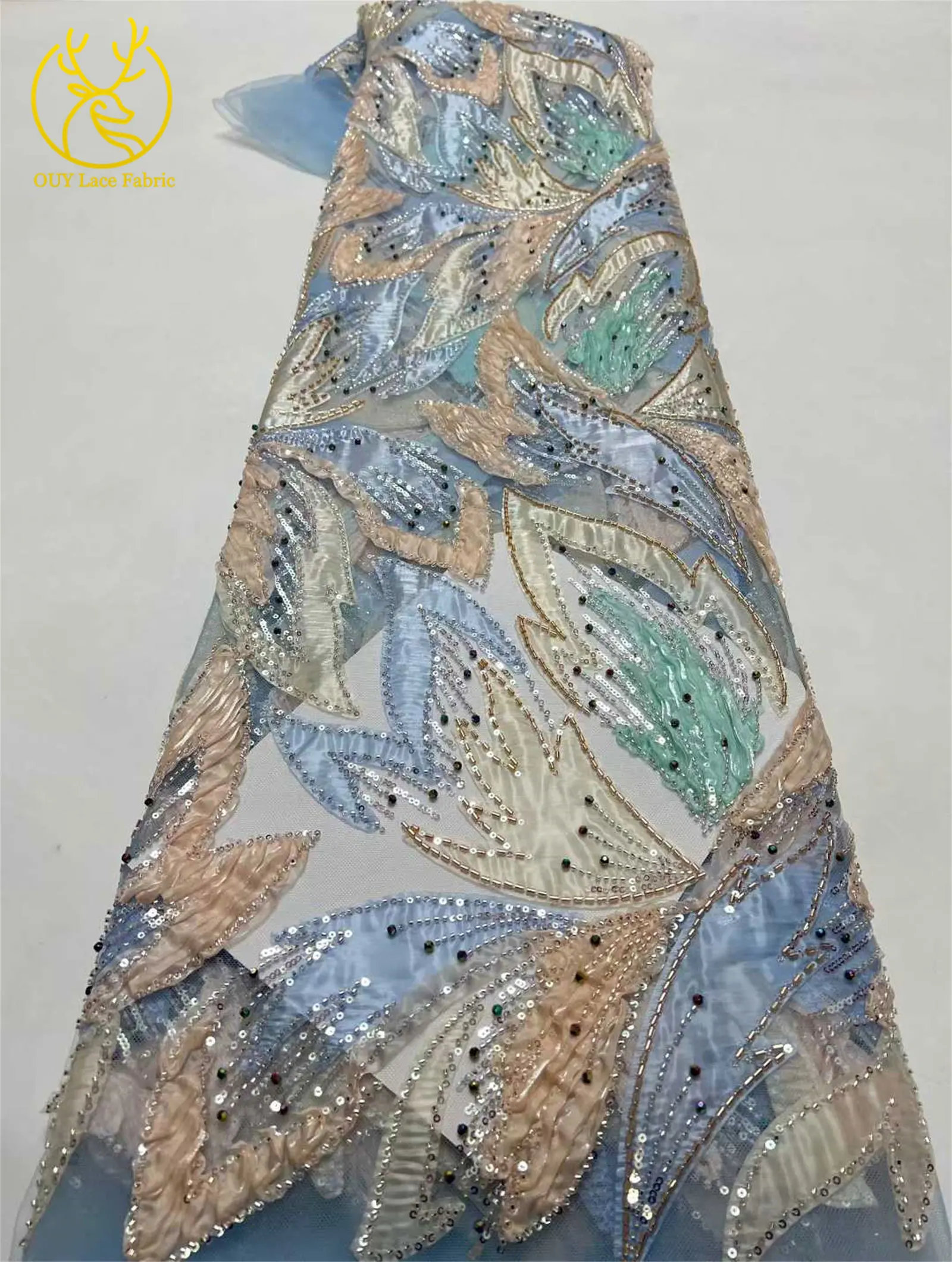 2026 Afrikanischer Perlen-Spitzenstoff 5 Yards Nigerianischer Französischer Pailletten-Tüll-Spitzenstoff für Damen-Abendkleider zum Nähen 5 Yards – Detail 13