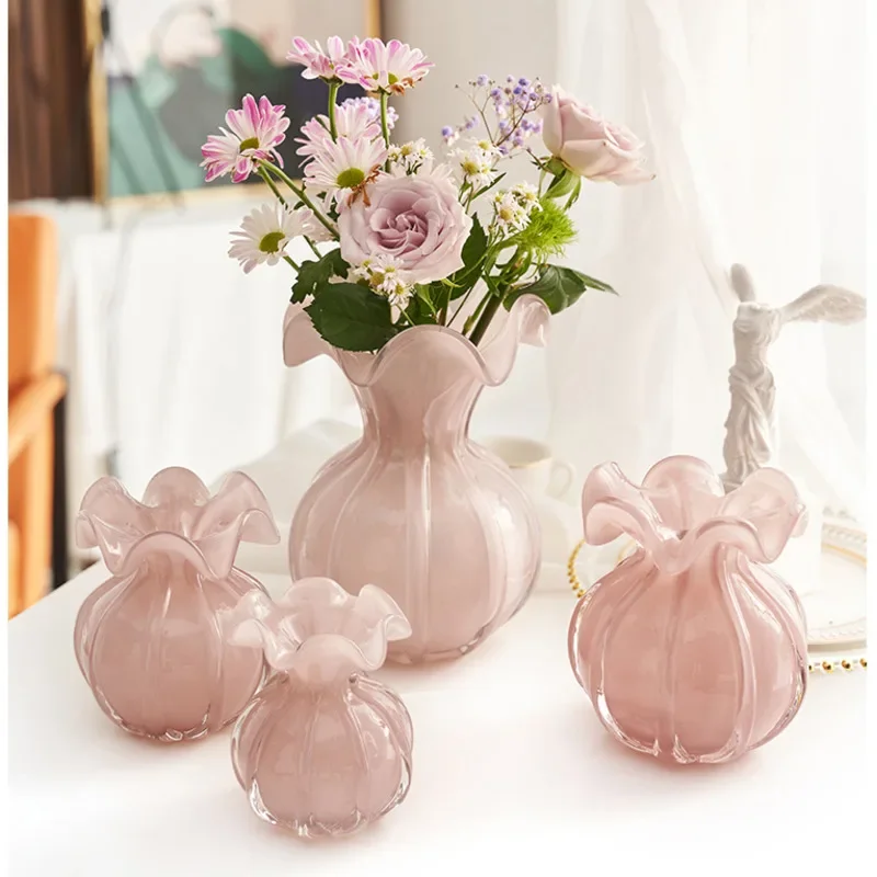 Vintage Crimped Vases for Flowers, INS High-Value Glass Vase, Money Bag Shape, Light and Romantic Home Decoration