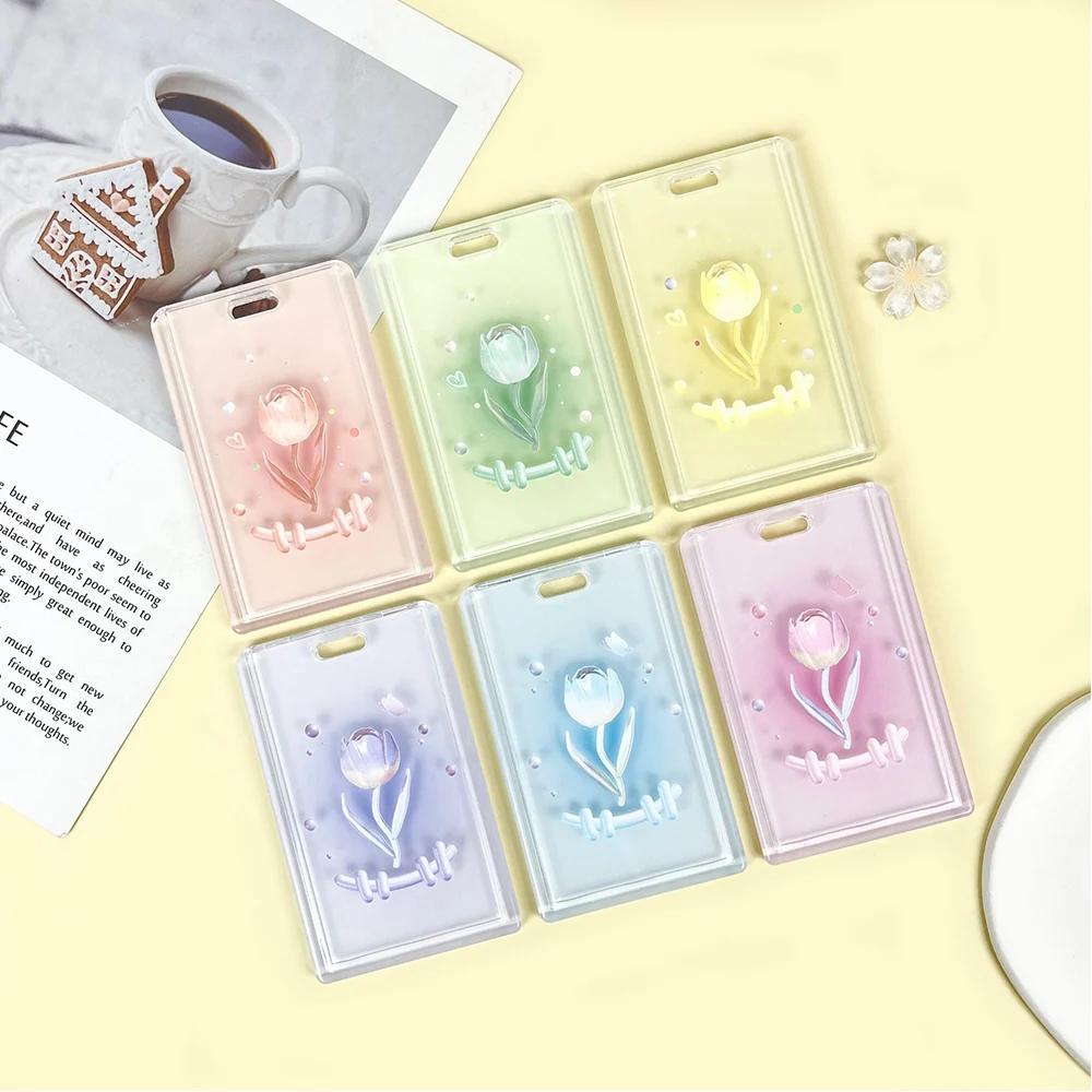 Cartoon Tulip Photocard Holder Flower Keychain Transparent InsStudents Card Protectors Lanyard Card Case Acrylic Card Holder