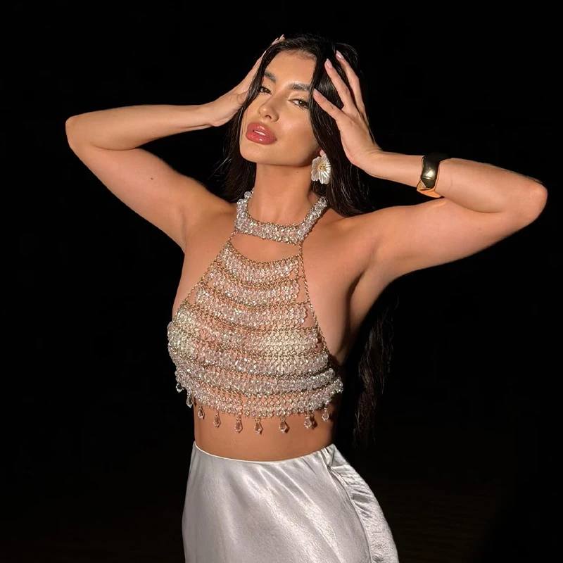 2026 New Arrival Women Music Festival Outfit Fantasy Drip Clear Beaded Halter Neck Body Chain Top Ladies Crystal Top