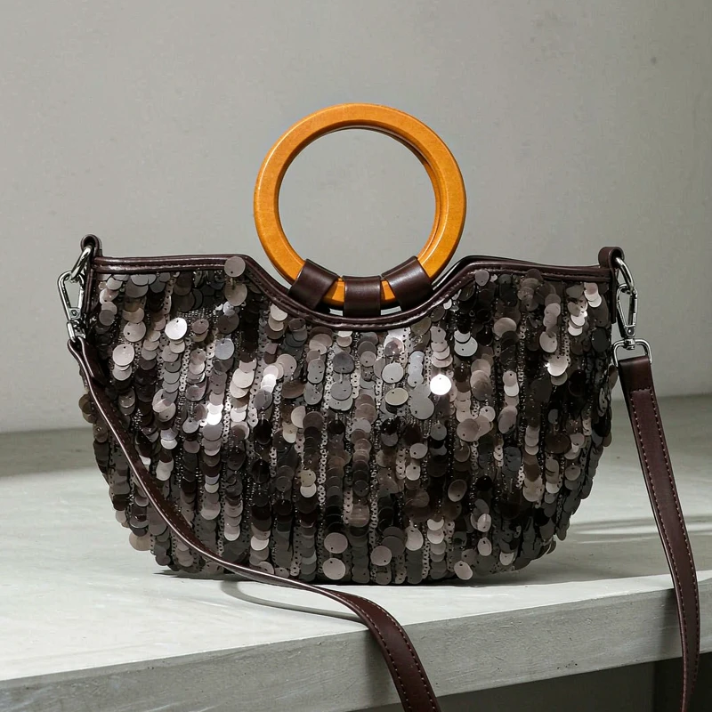 Semicircular Slim Shiny Evening Bag For Women Luxury Designer Handbag And Purse 2026 New In Mesh PVC Wooden Ring Handle Shoulder