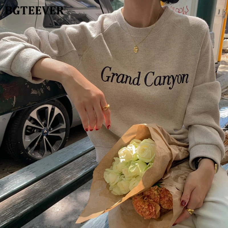 BGTEEVER Casual Long Sleeve Women Pullovers Sweatshirts Autumn Winter Fashion O-neck Loose Female Letter Embroidery Printed Tops