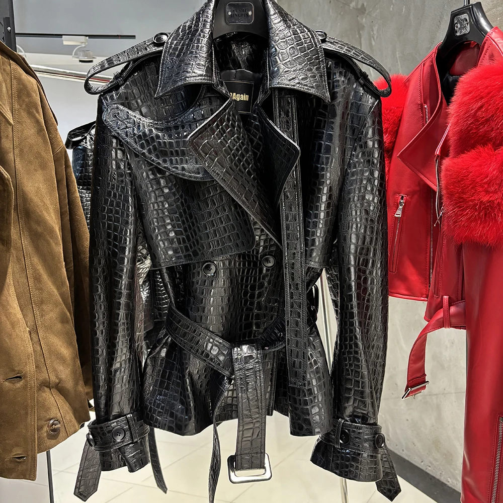 YOLOAgain High Quality Suede Leather Jacket Women With Belt Double Breasted Croc Pattern Jacket Female