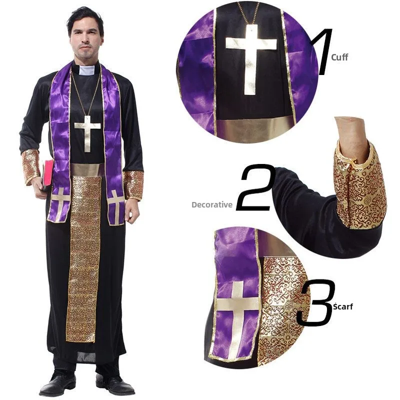 loween Costume Cosplay Ballo di Mascheratura Prestazioni Abito da Sacerdote Vestito da Clero per Adulti M0053 Costume da Spettacolo Teatrale